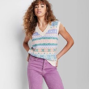 Wild Fable Women's V-Neck Printed Sweater Vest in Almond Fair Isle